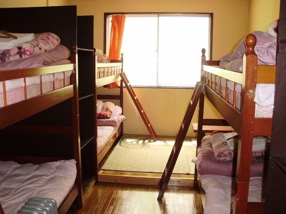 Cama en dormitorio compartido (dormitorio compartido masculino) con vista a la montaña Shiretoko Iwaobetsu Youth Hostel